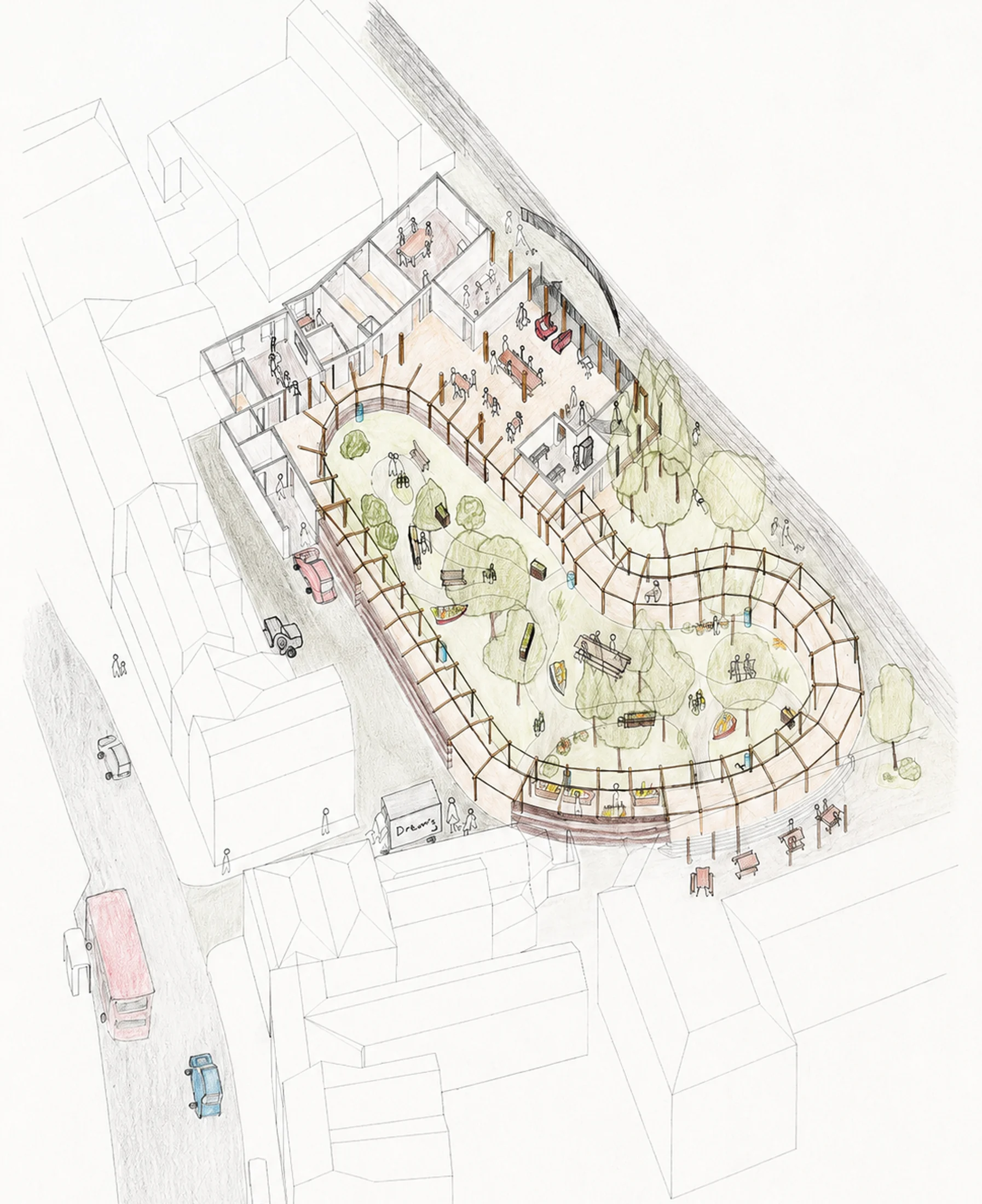 Hand-drawn coloured axonometric of the proposed community hub, showing the riverside terrace, green courtyard, market stalls, trees and street activity