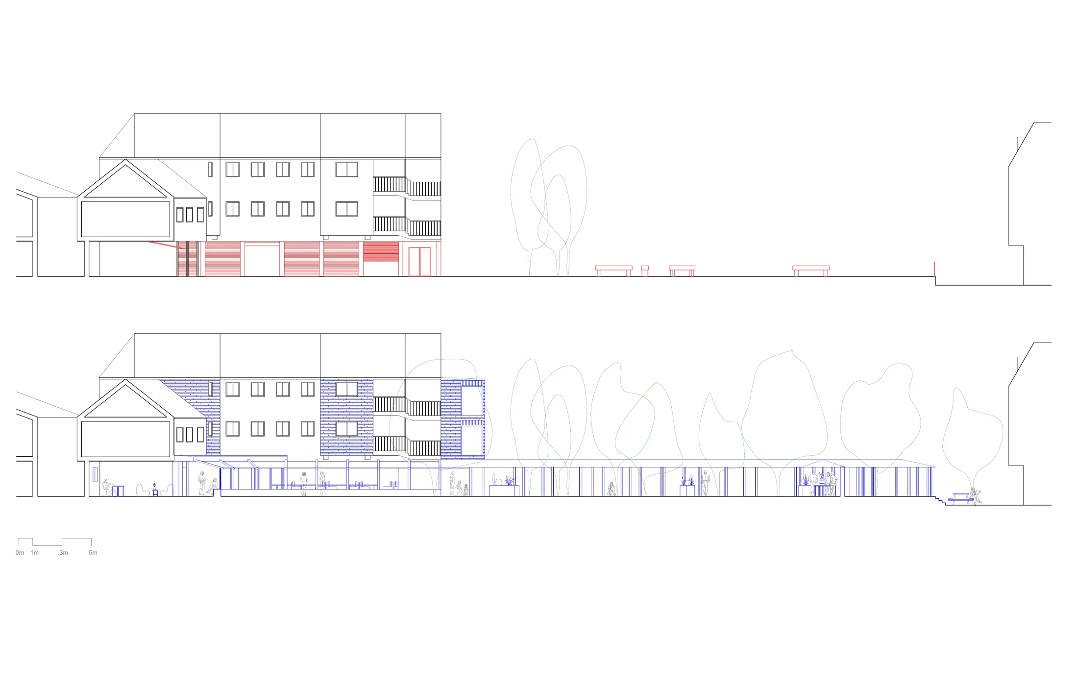 Front elevation showing demolition in red (top) and the proposal in blue (bottom)