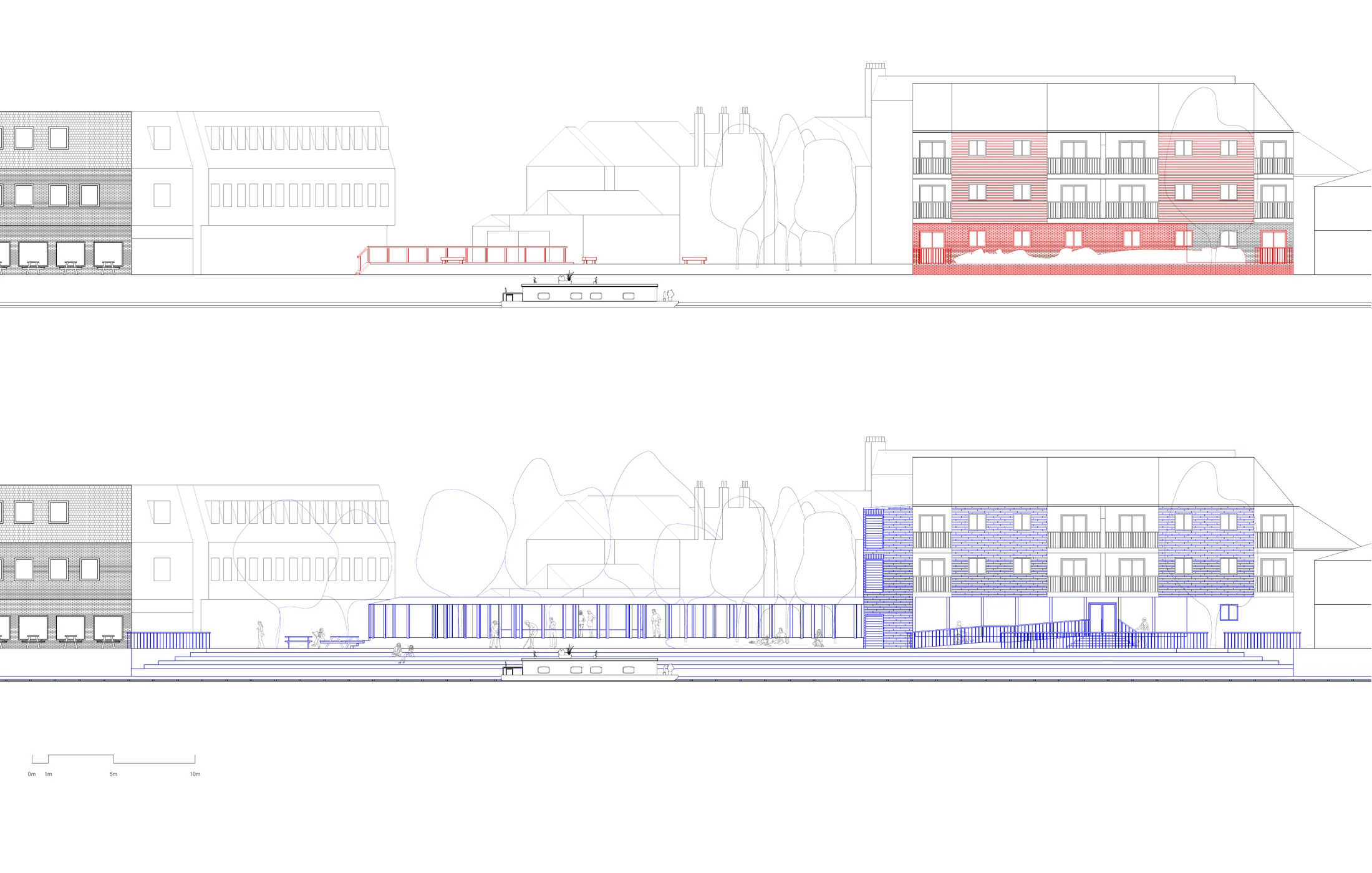 Riverside elevation comparison: existing condition above, proposal below with new ground-floor community spaces and a planted terrace facing the river