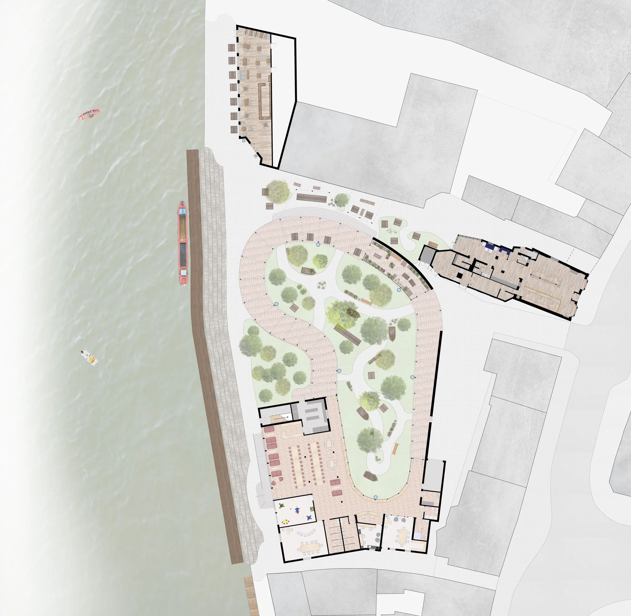 Site plan of the Queen's Reach proposal showing the riverside building, its green courtyard, and the Thames
