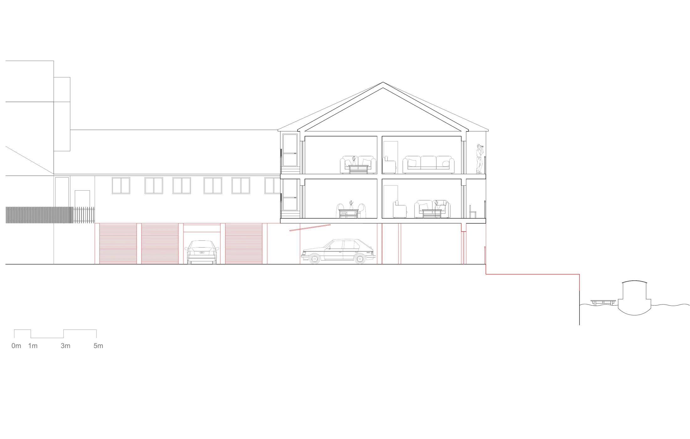 Section through the existing building with demolition shown in red — garages, ground-floor circulation and shutters to be removed