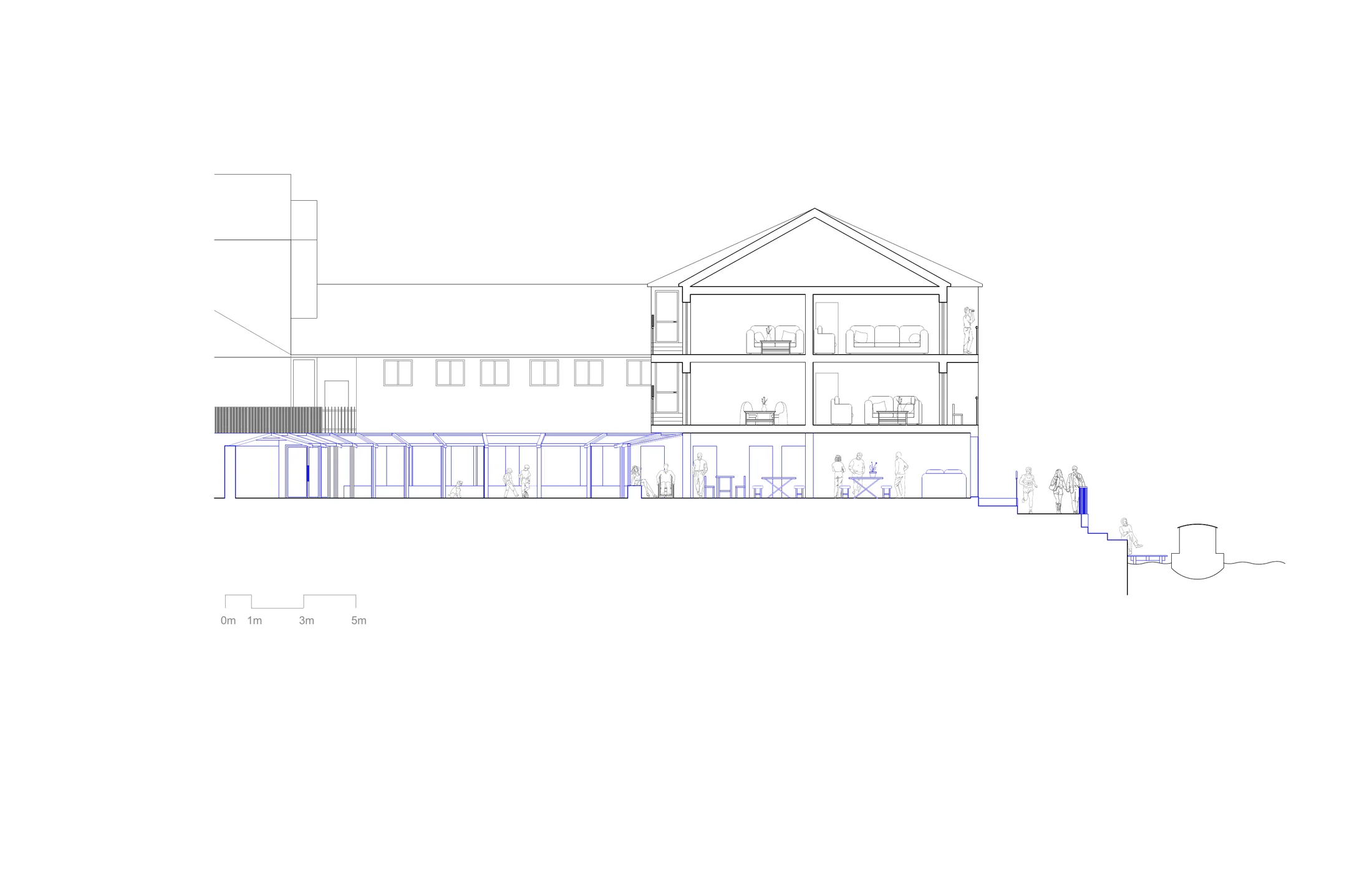 Section through the proposed building with the new community programme in blue — workshops, gathering spaces and the publicly accessible riverside terrace