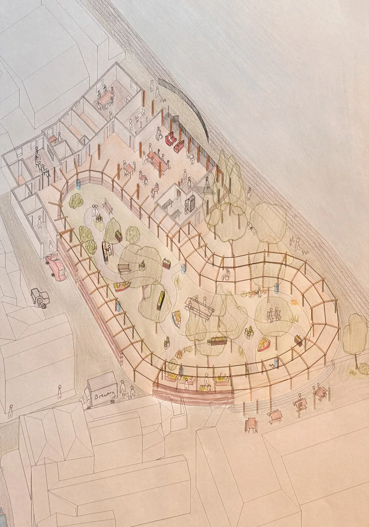 Hand-drawn coloured axonometric of a community hub at Queen's Reach, Kingston
