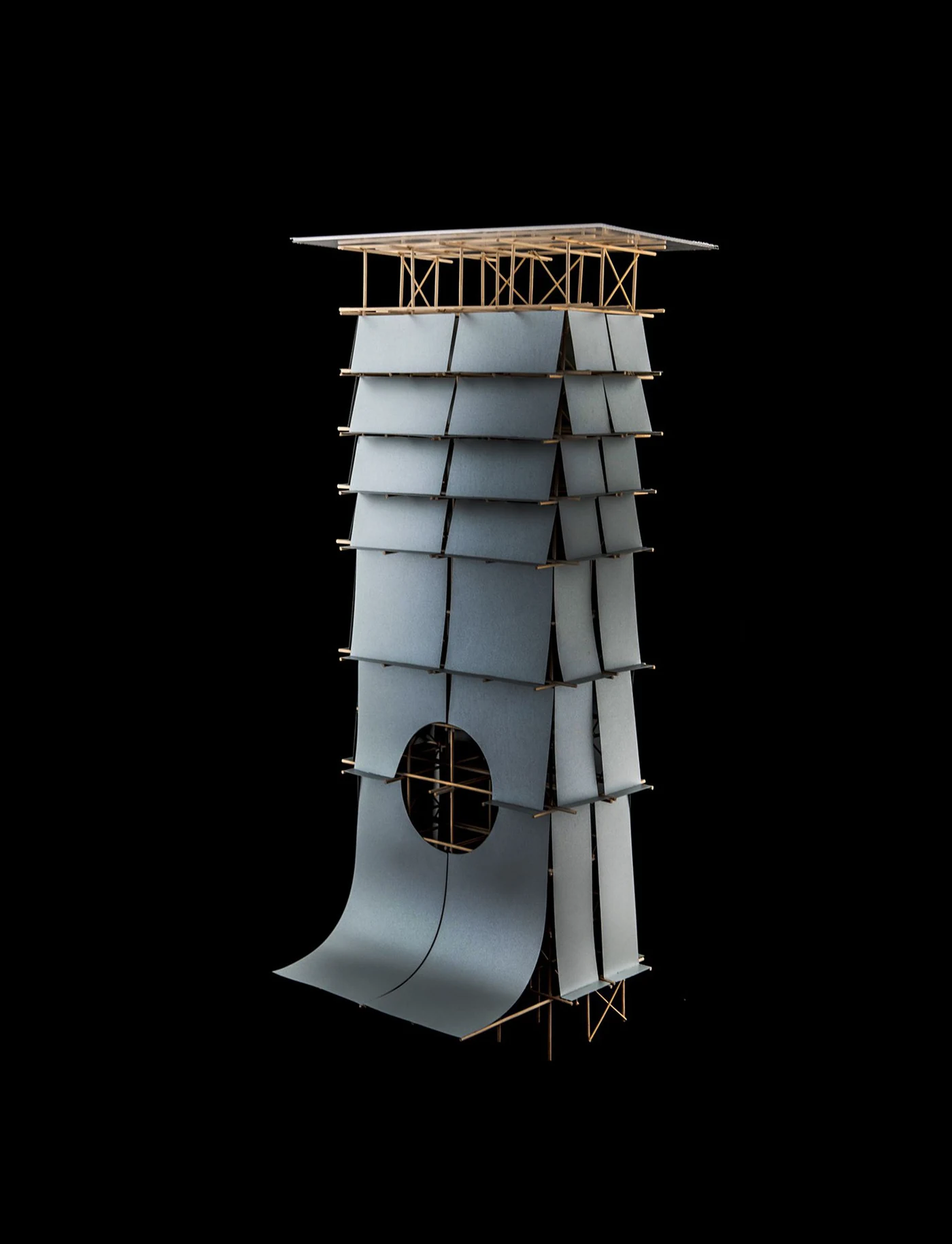 Finished tower model on a black background — three storeys of overlapping grey panels, a circular window cut through the lower half, and the canopy curving outwards at the base