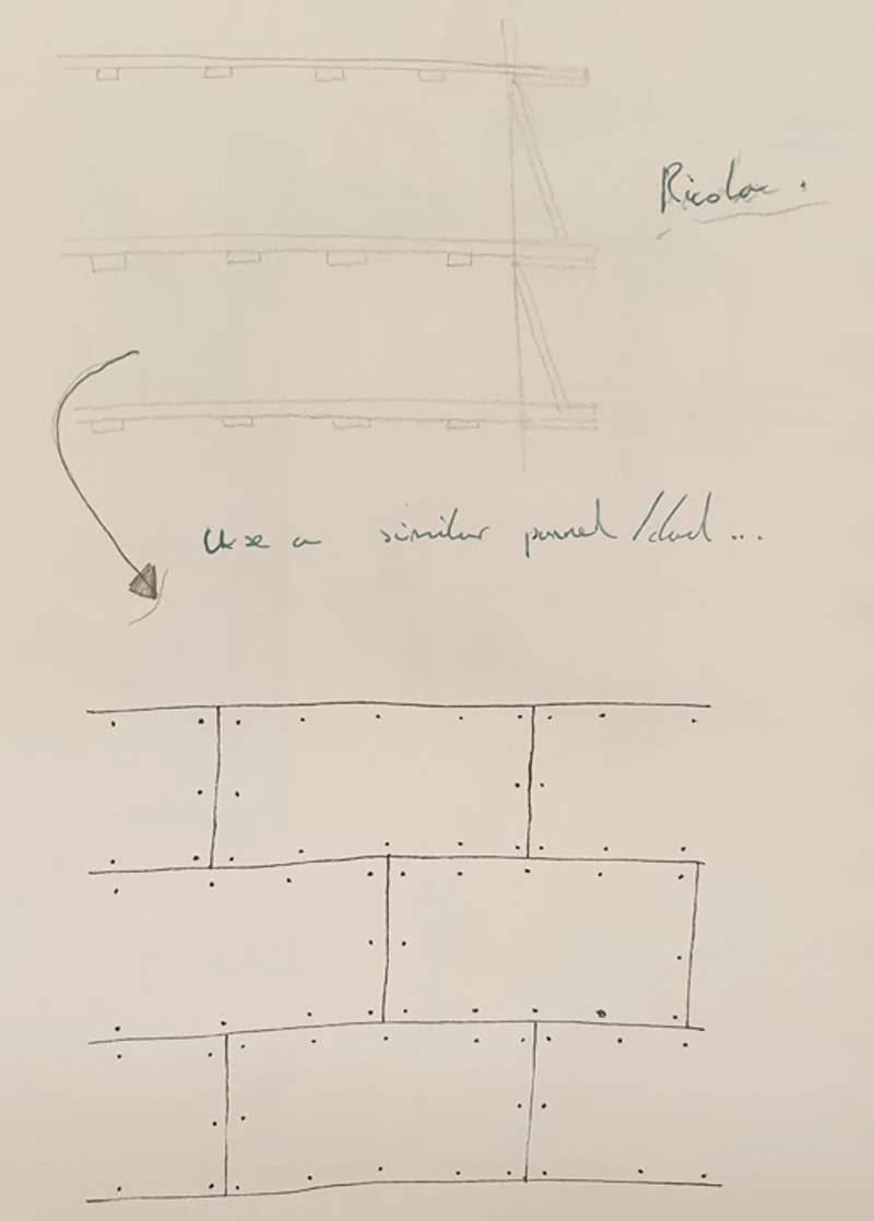 Hand sketch annotated 'Ricola' showing layered horizontal panels above a grid of vertical brick-like panels — early pattern study