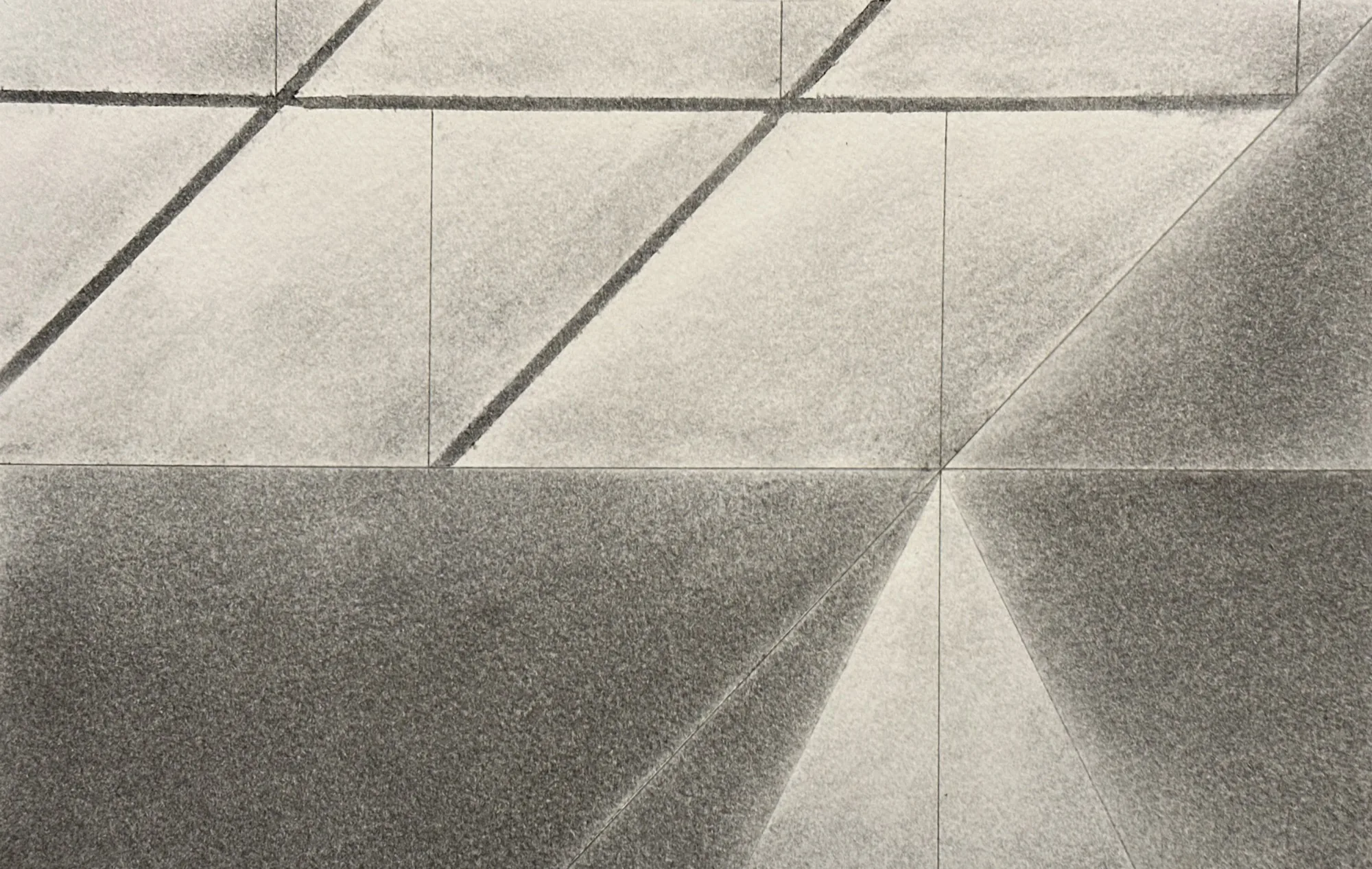 Charcoal study of folded, faceted surfaces catching light