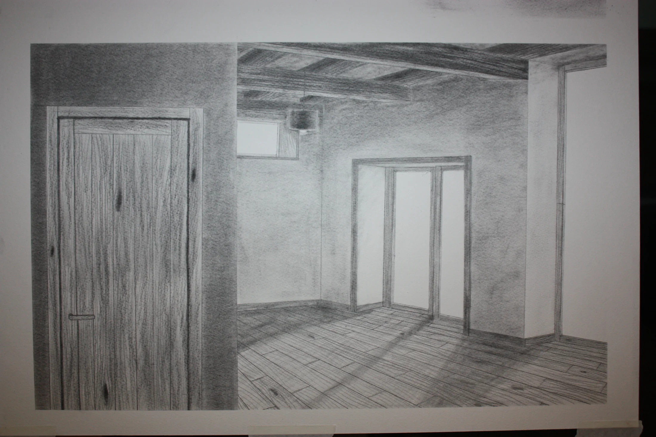 Pencil rendering of a timber-framed interior with exposed roof beams, looking through wide sliding doors onto a planted terrace