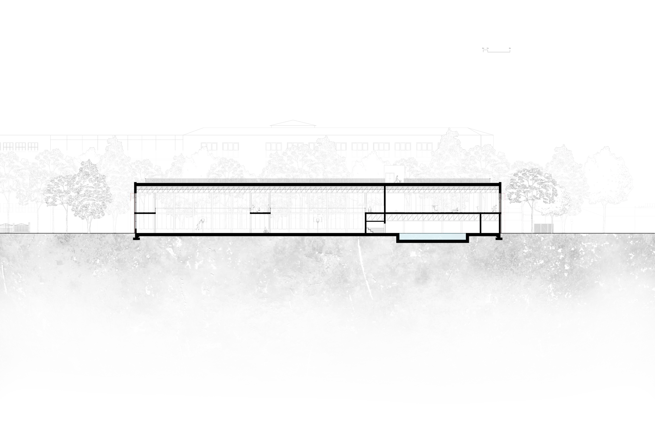 Long section through the sports hall, showing the horizontal volume against a backdrop of Tallinn's existing buildings
