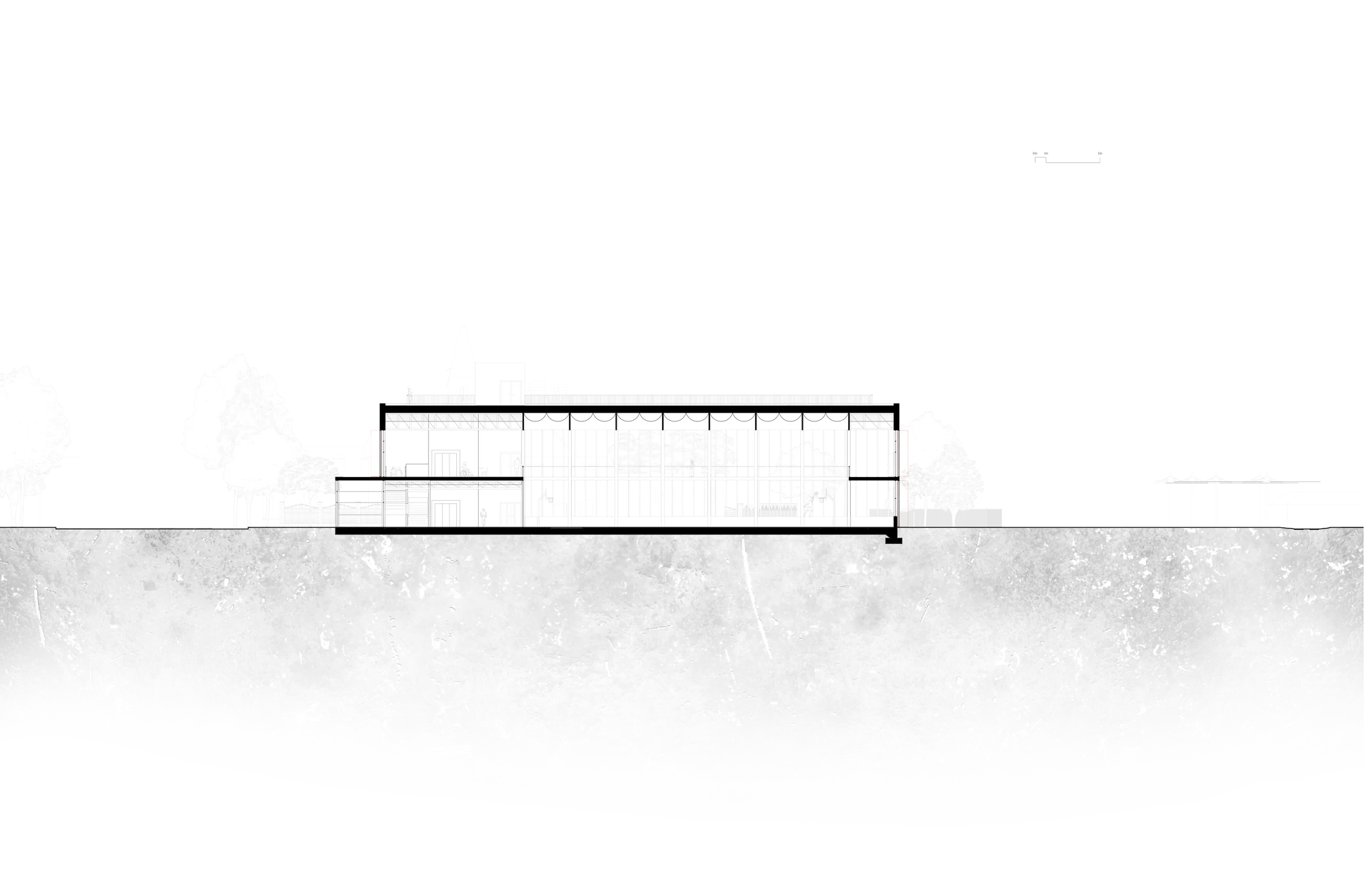 Short section through the sports hall, drawn against a black sky and grey ground