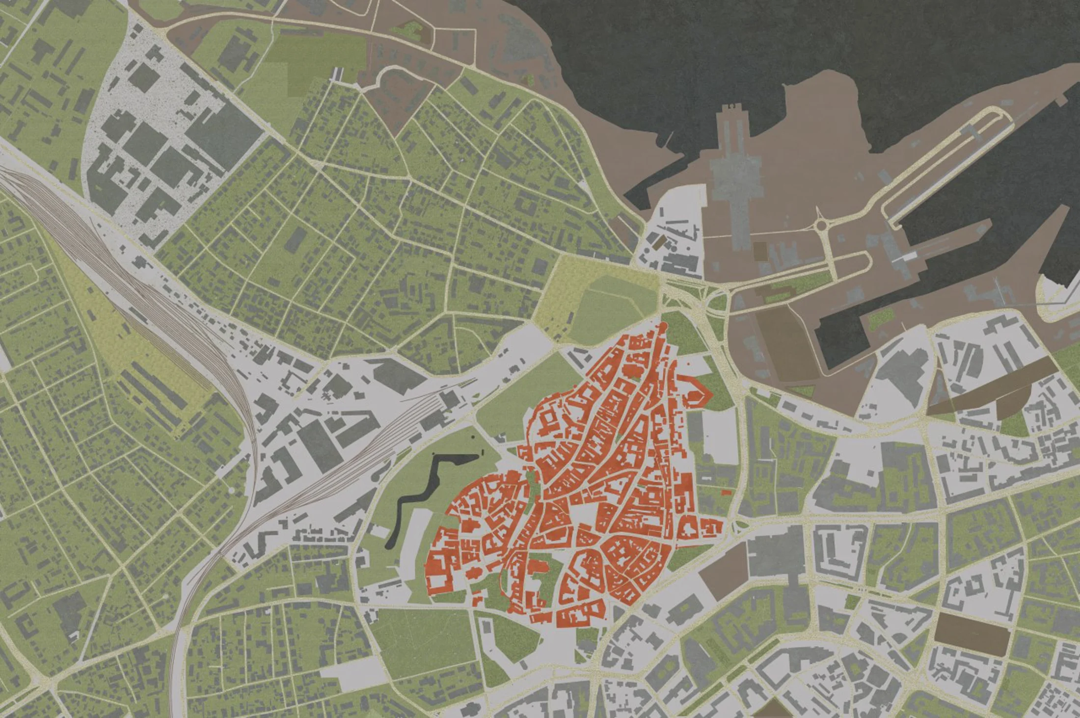 Site plan showing the proposed building's red footprint within Tallinn's historic Old Town and Green Belt