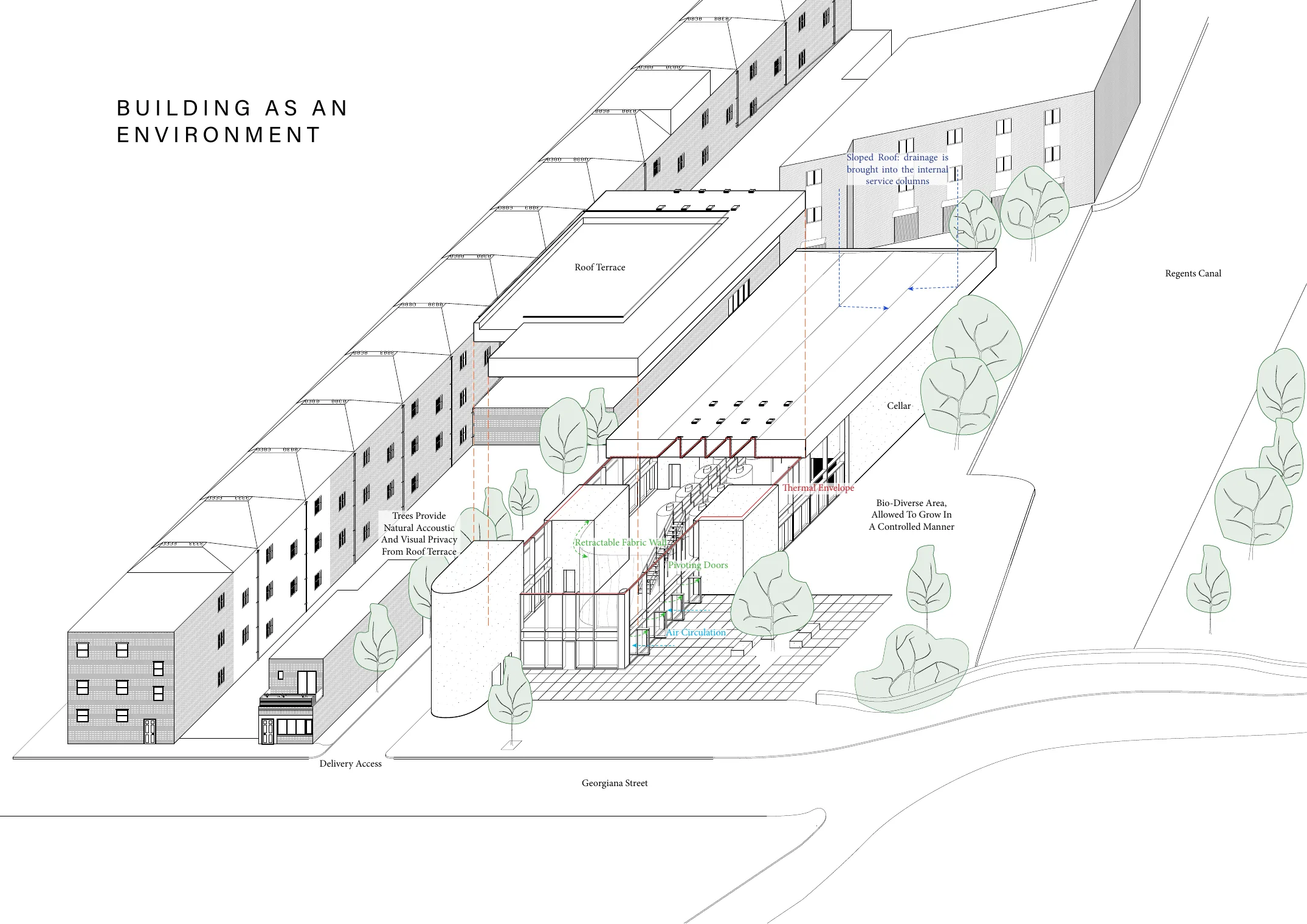 Environmental axonometric showing the building set within Camden