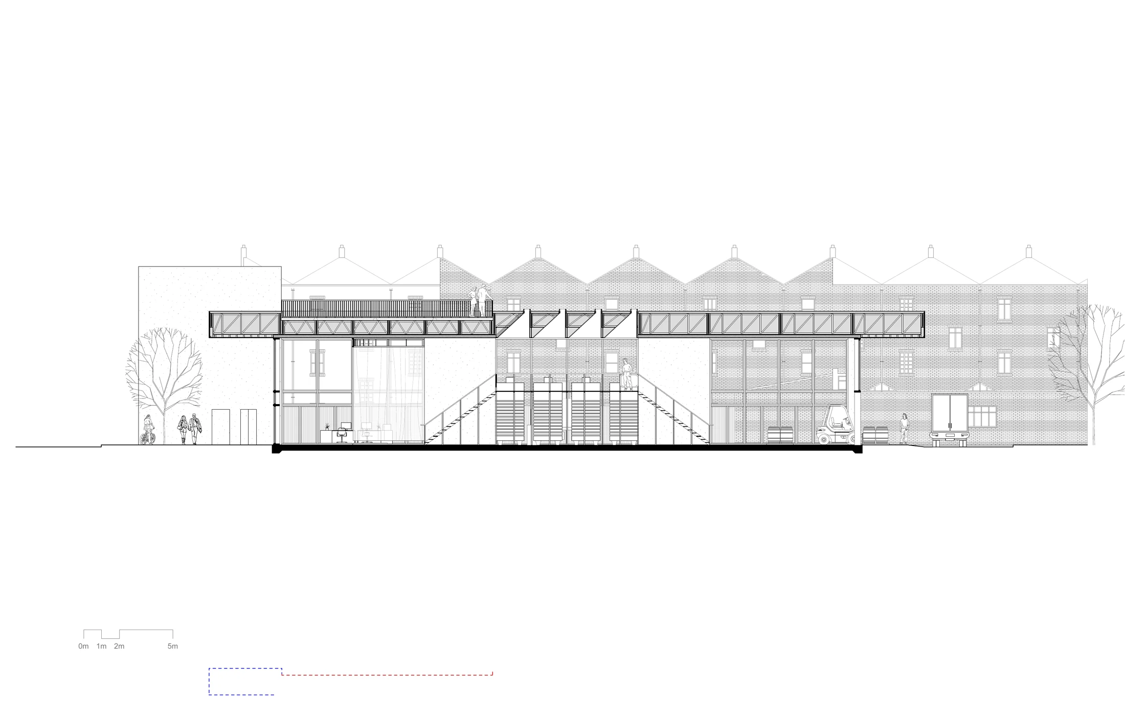 Long section through the site showing the new winery alongside the existing industrial buildings with their sawtooth roofs, plus a forklift and people for scale