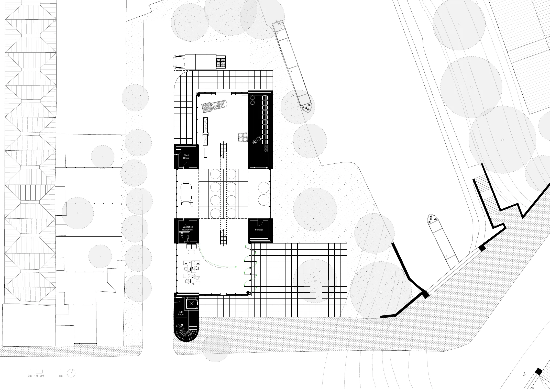 Ground floor plan showing the winery, public terrace and canal-side spaces