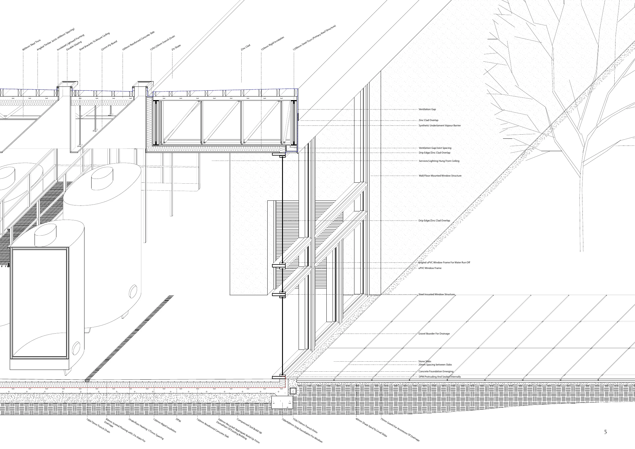 Construction section showing the long-span timber truss and the interior wine production area