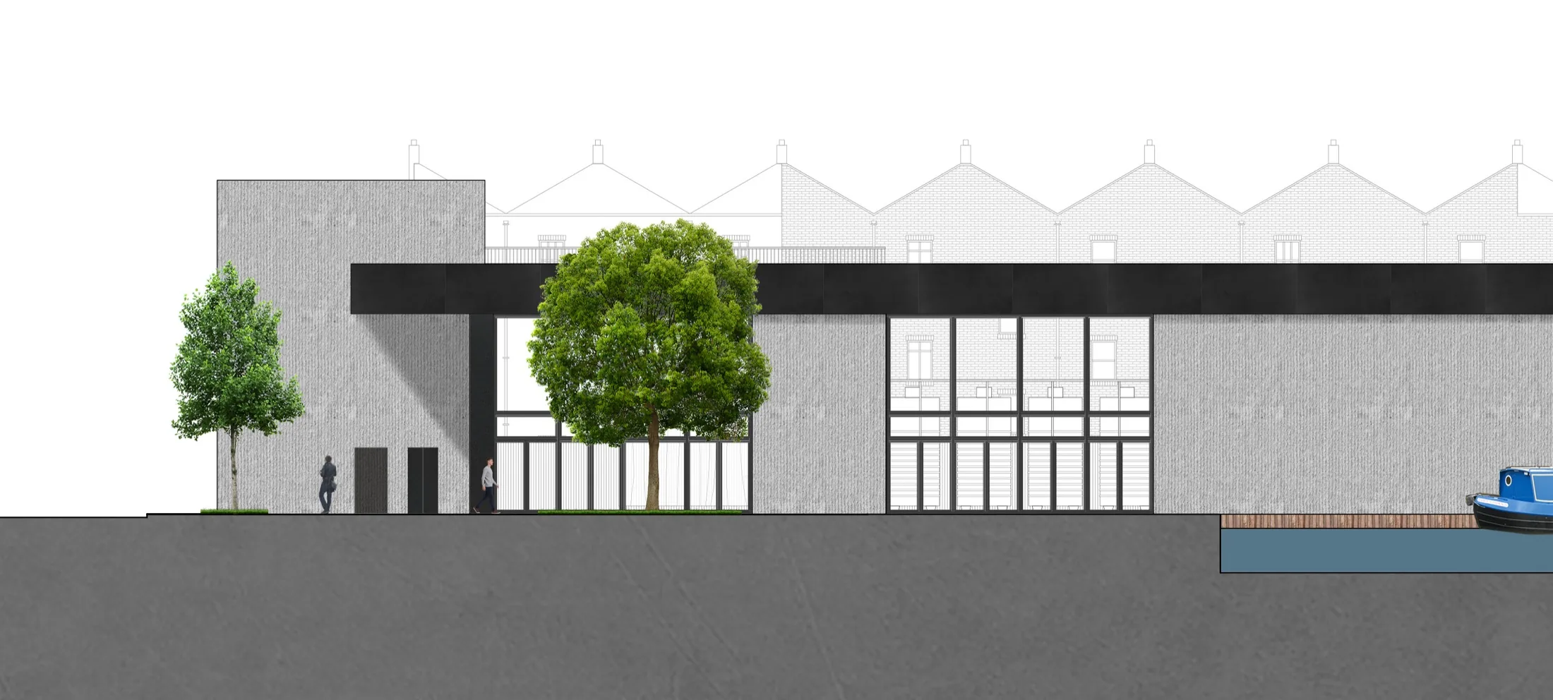 Elevation drawing of an urban winery along Regent's Canal in Camden